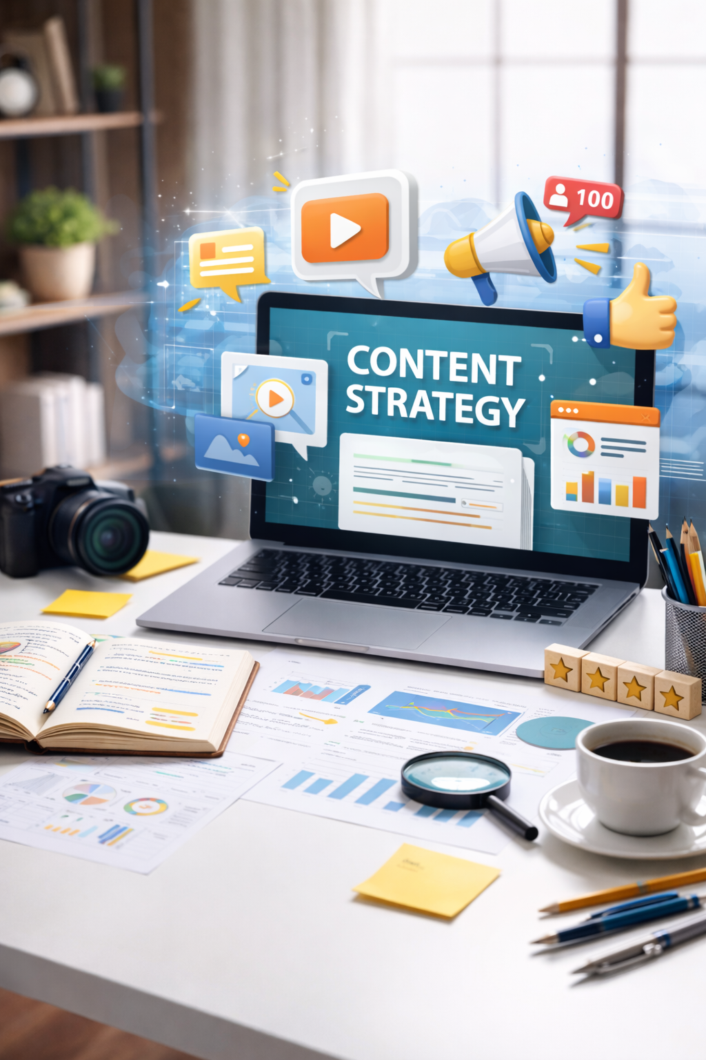 Laptop displaying content strategy dashboard with social media icons, analytics charts, and video marketing elements on modern workspace desk