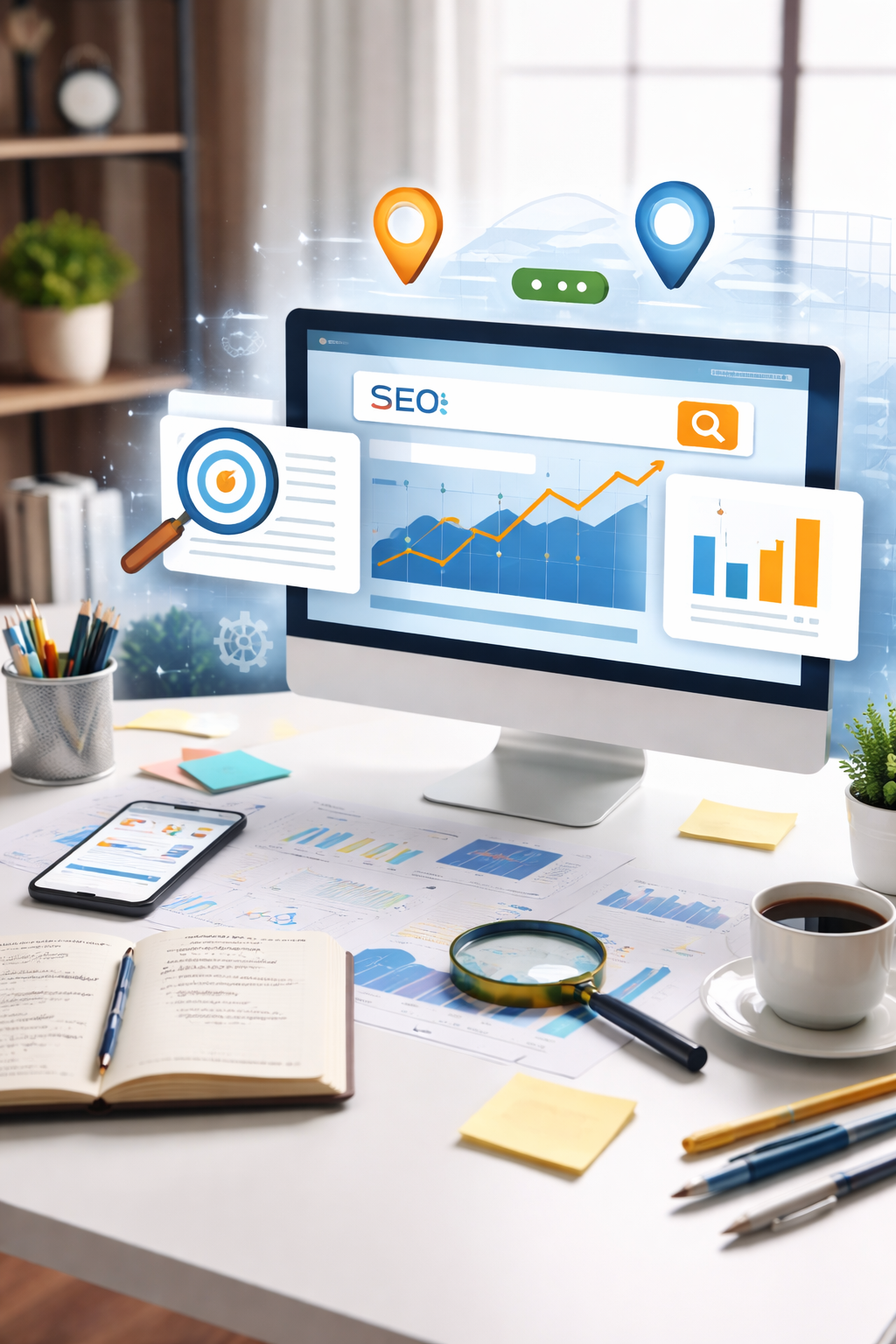 SEO analytics dashboard on desktop monitor showing rising search traffic graph with keyword and performance data on a modern office desk