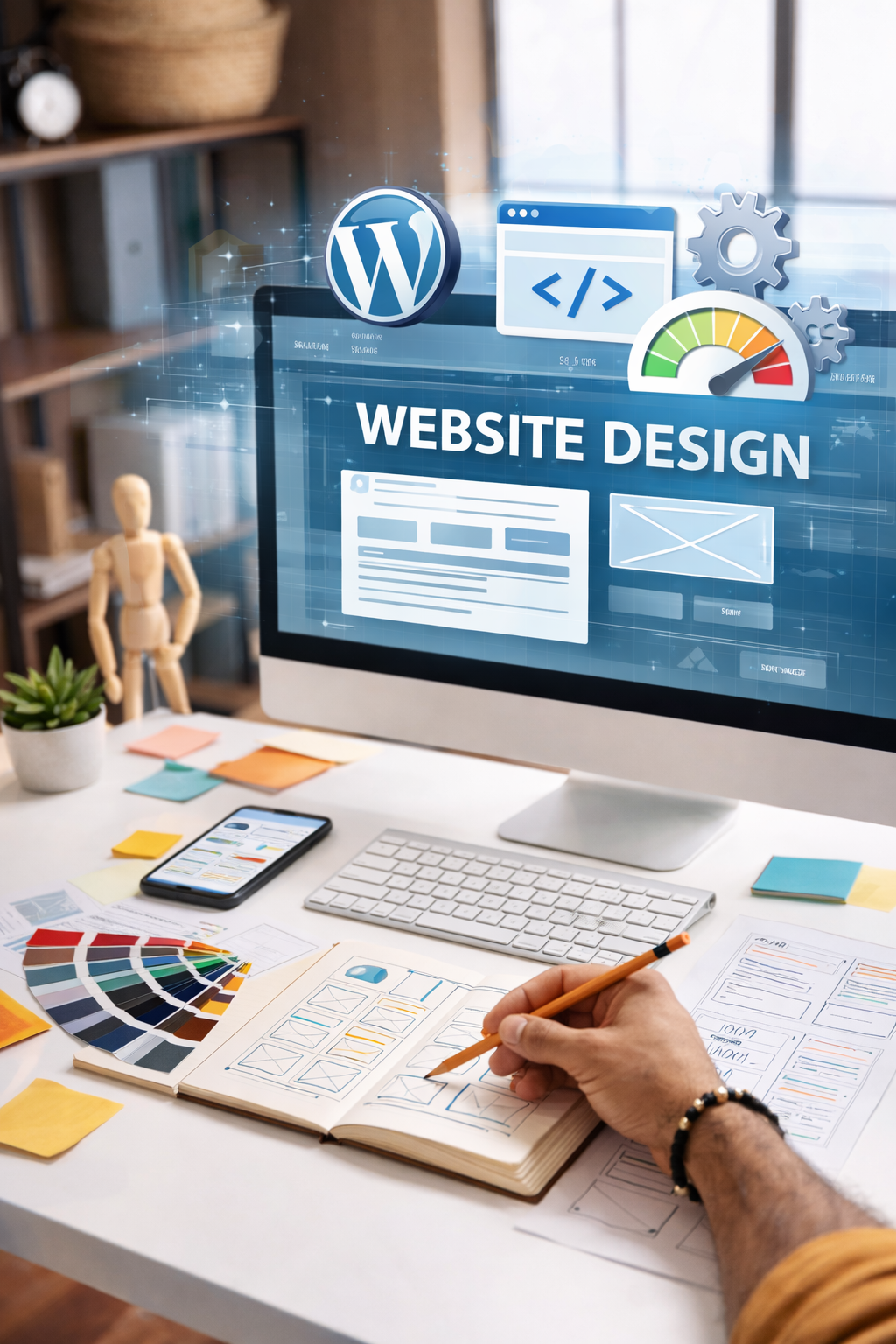 Website design workspace showing desktop monitor with layout wireframe, performance indicators, and mobile mockup on desk
