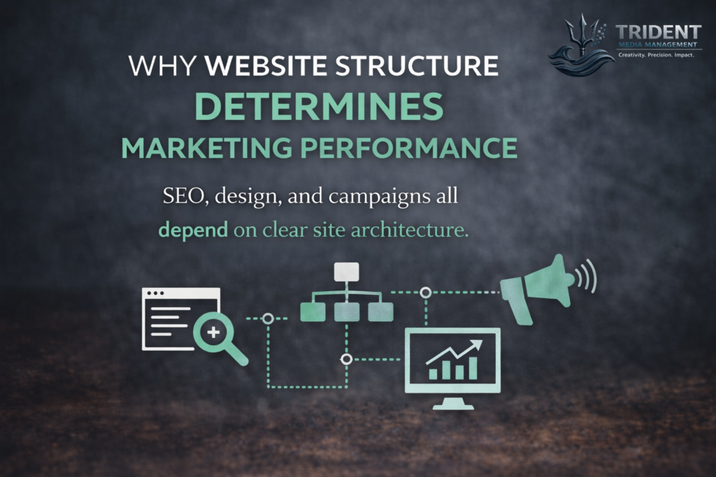 Website structure determining marketing performance concept with connected SEO, design, and analytics icons