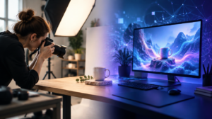 "AI content vs organic photography split image showing a photographer shooting a product next to a glowing AI-generated digital workstation"
