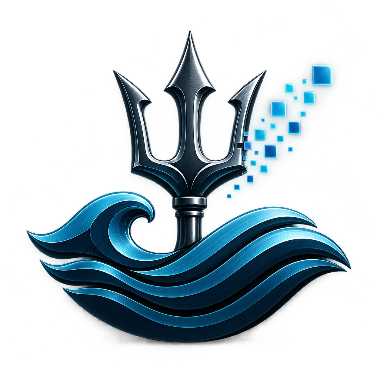 Trident Media Management logo with metallic trident, ocean waves, and digital pixel elements